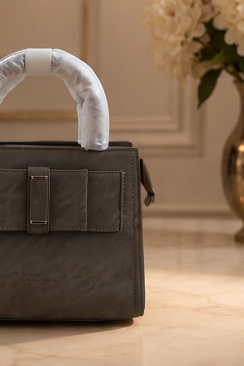 Elegance Structured Faux Leather Shoulder Bag (Espresso Grey)