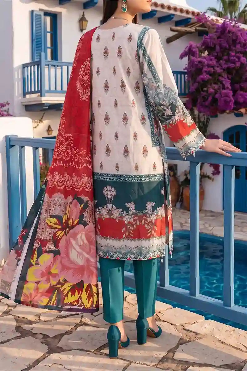 Aabruh Vol-1 3PC Unstitched Printed Lawn Suit (Seafoam, Red & White Flora)