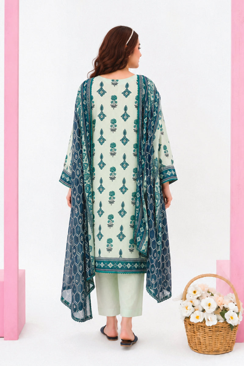 Zesh - Drop Fourteen Printed Series 3PC Unstitched Lawn Suit (Mint Green & Ocean Blue)