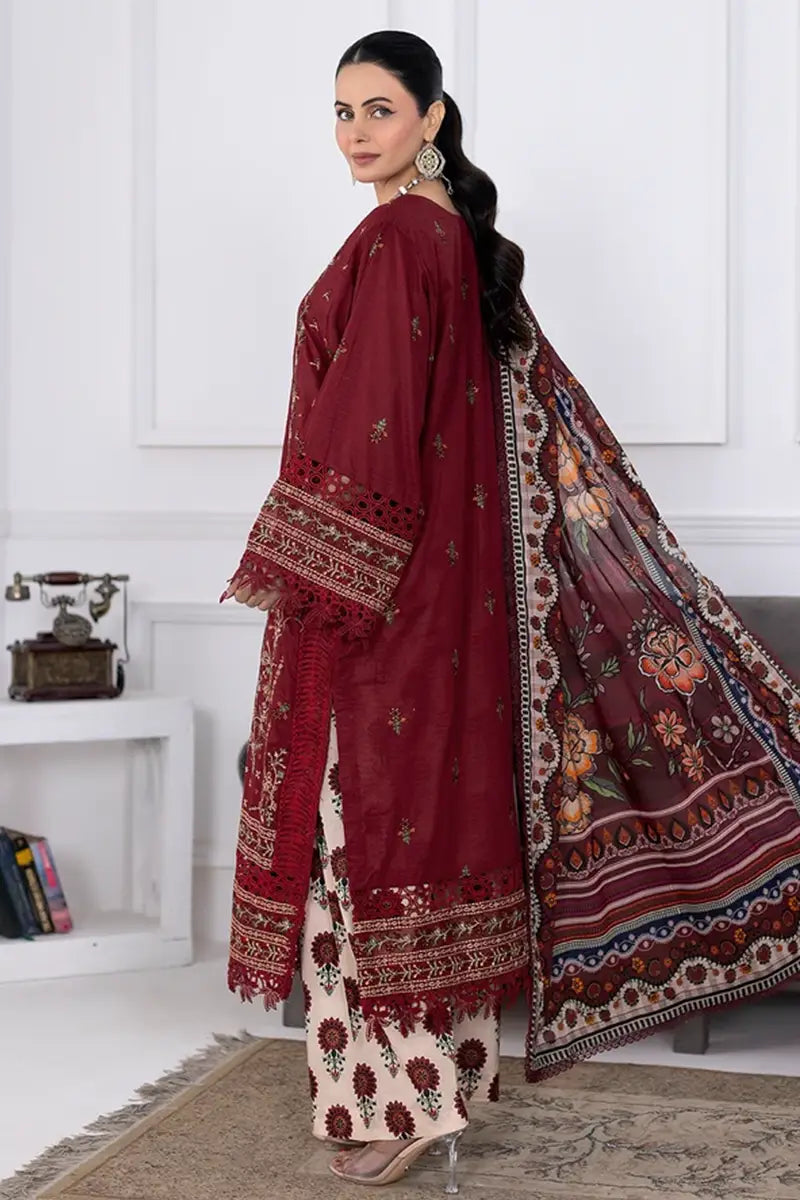 Muswa By Johra - 3PC Unstitched Embroidered Lawn Suit (Deep Maroon)