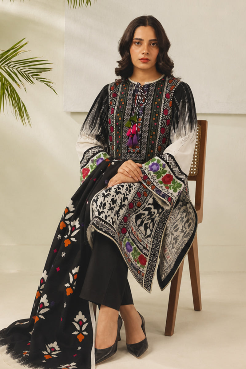 Khaadi – 3 Piece Unstiched Printed Lawn Suit (Black & Bone Gray)