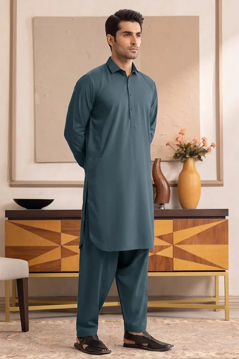 Yameen - Men’s Unstitched Cotton Fabric (Muted Slate Teal)