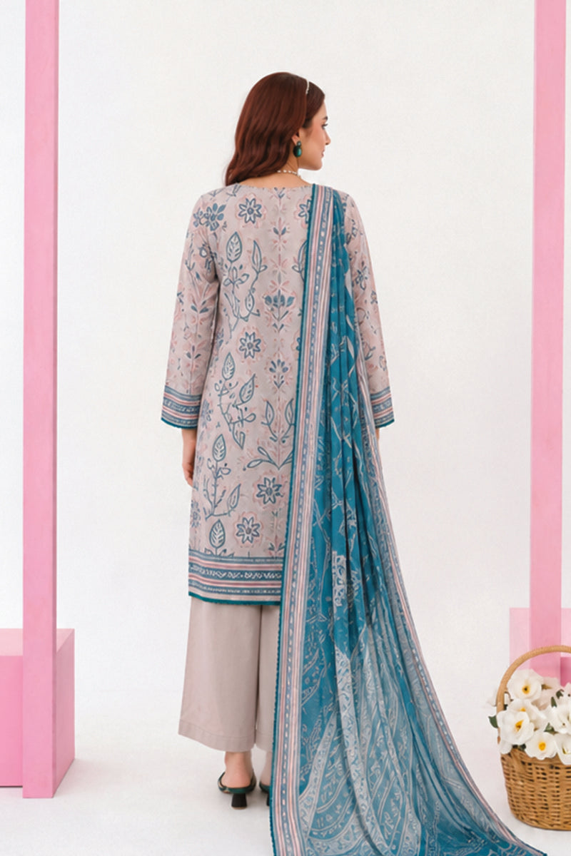 Zesh - Drop Fourteen Printed Series 3PC Unstitched Lawn Suit (Pastel Gray & Teal)