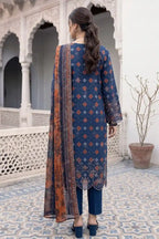 Zesh - 3PC Unstitched Embroidered Lawn Suit (Royal Navy Blue & Rust Orange)