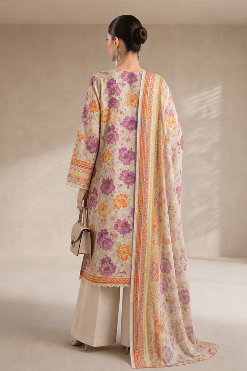 Khaadi (Vol.4) – 3 Piece Unstitched Printed Lawn Suit (Cream & Purple/Orange Floral)