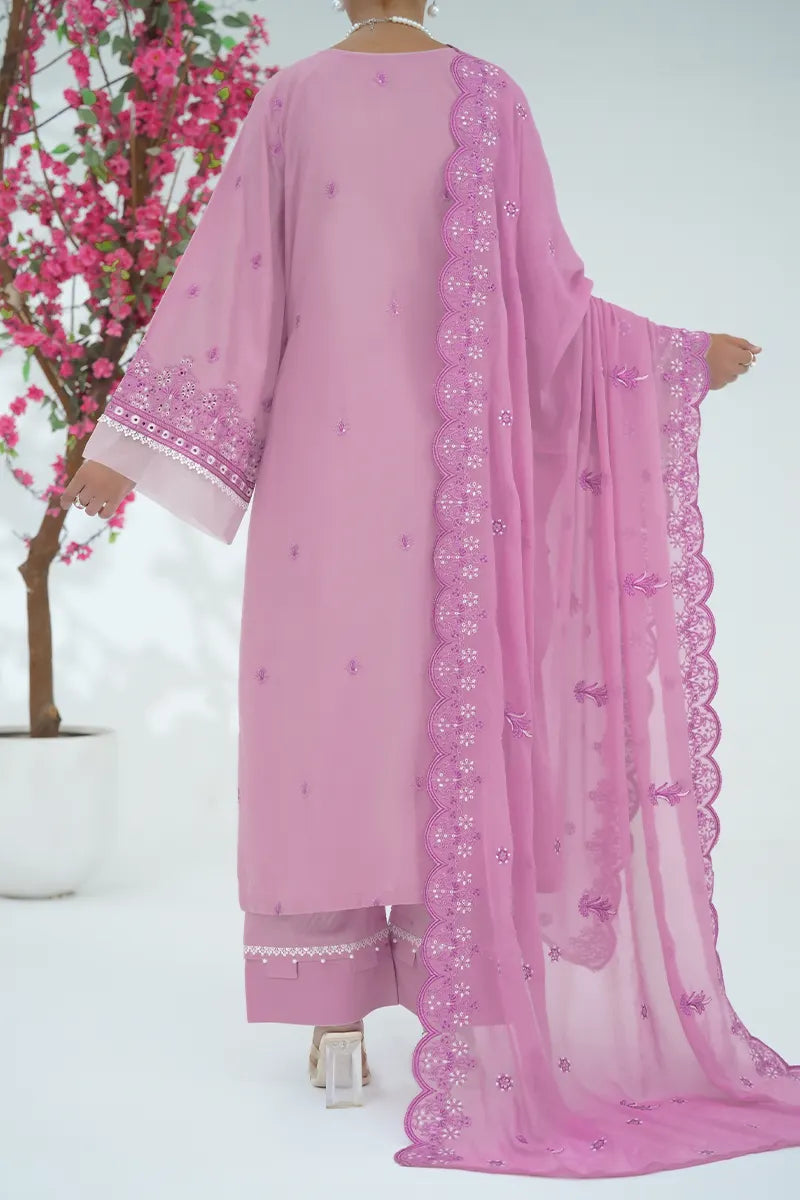 Prestige By KBC Fashion - 3 Piece Unstitched Embroidered Lawn Suit with Chiffon Dupatta  (Light Lavender)
