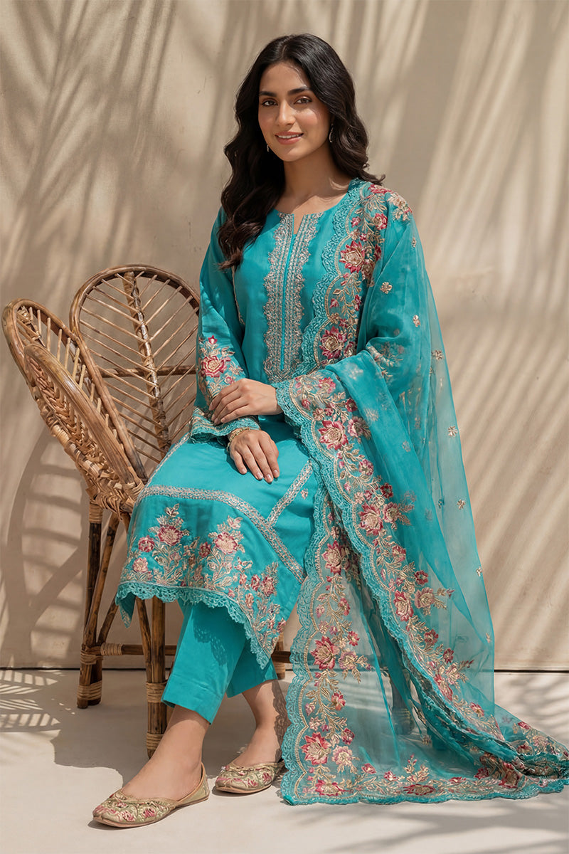 Millat - 3PC Unstitched Embroidered Lawn Suit (Cyan)