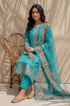 Millat - 3PC Unstitched Embroidered Lawn Suit (Cyan)