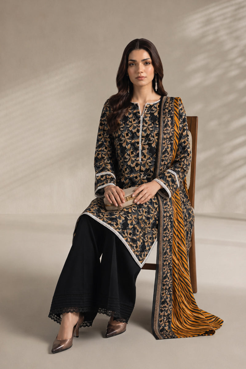Khaadi – 3 Piece Unstiched Premium Printed Lawn Suit (Jet Black & Gold)