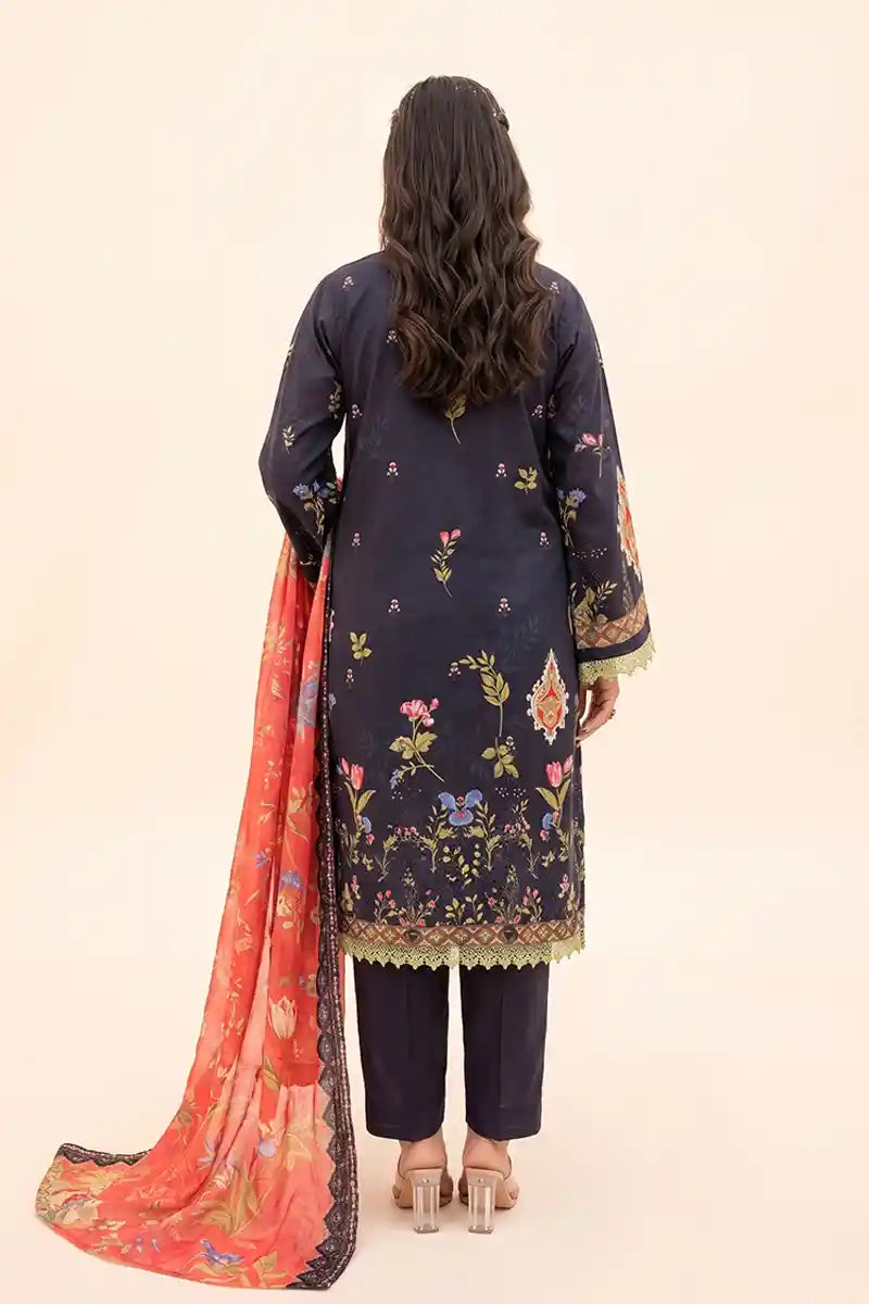 Zesh - 3PC Unstitched Embroidered Lawn Suit (Midnight Navy & Coral Orange)