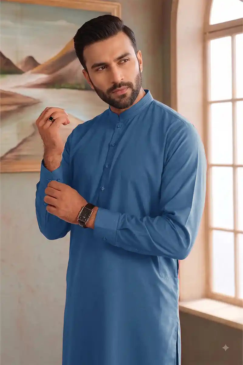 Premium Pasha Men’s Wash & Wear Unstitched Suit (Slate Blue)
