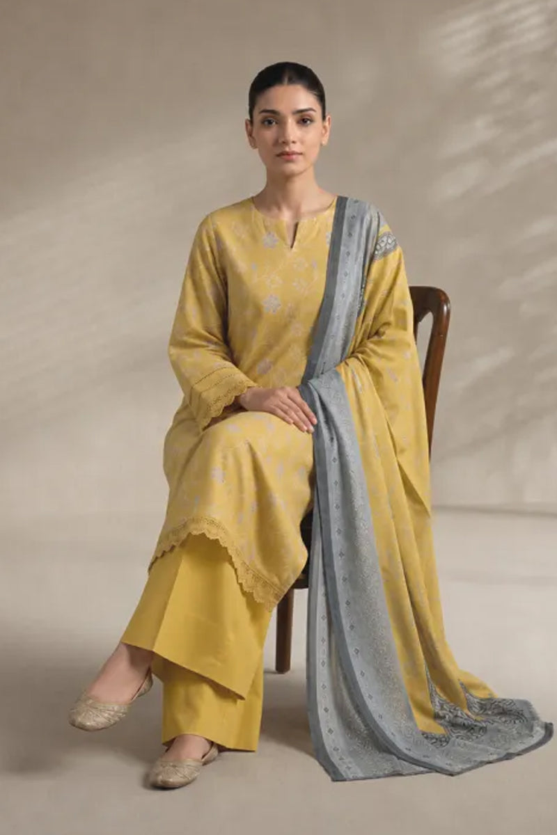 Khaadi – 3 Piece Unstiched Premium Printed Lawn Suit (Mustard Gold & Gray)