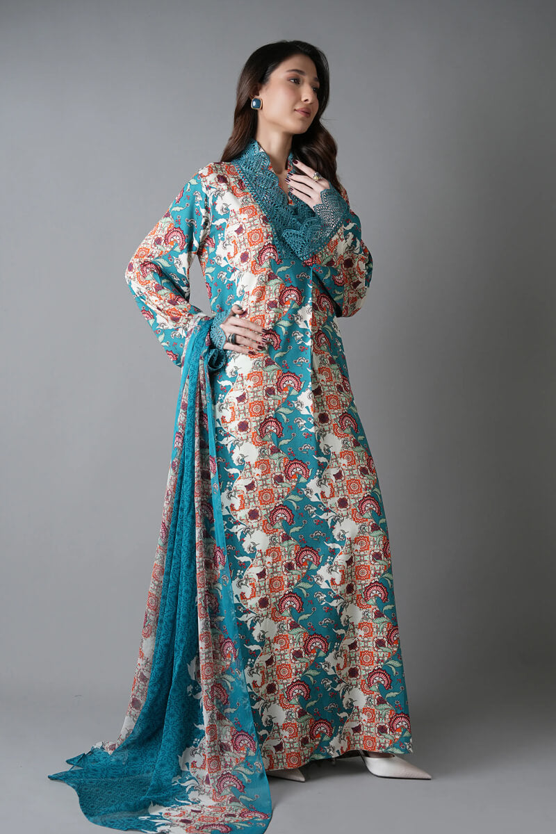Sapphire (Vol.4) - 3PC Unstitched Printed Lawn Suit (Deep Teal & Rust Orange)