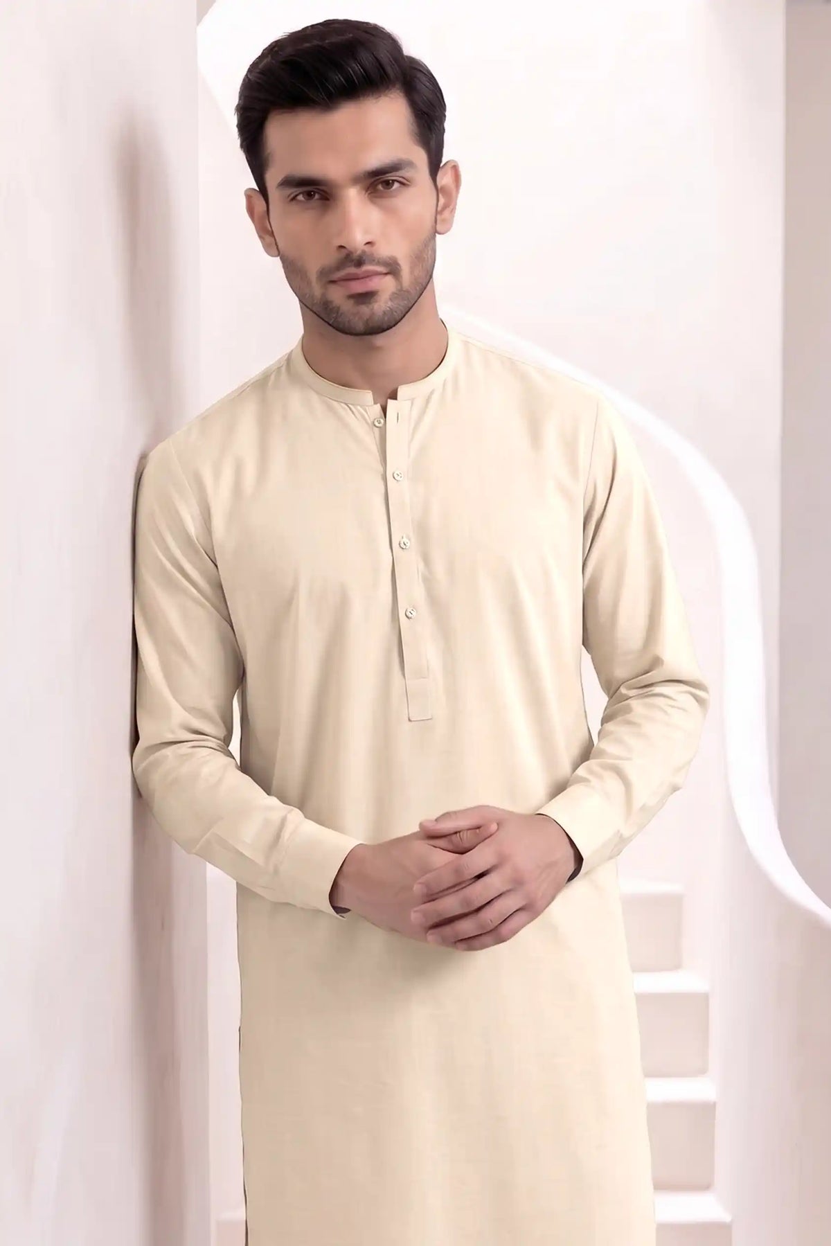 Premium Pasha Men’s Wash & Wear Unstitched Suit (Light Cream)