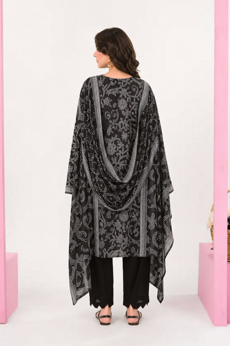 Zesh - Drop Fourteen Printed Series 3PC Unstitched Lawn Suit (Charcoal & Black)