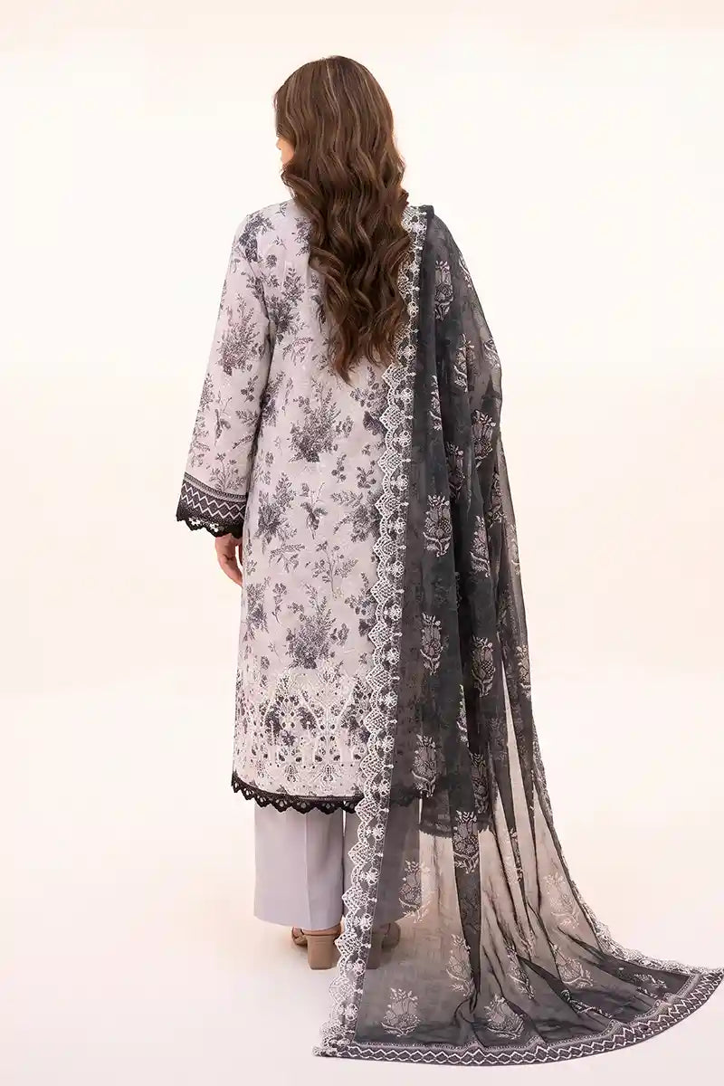 Zesh - 3PC Unstitched Embroidered Lawn Suit (Light Grey & Charcoal)