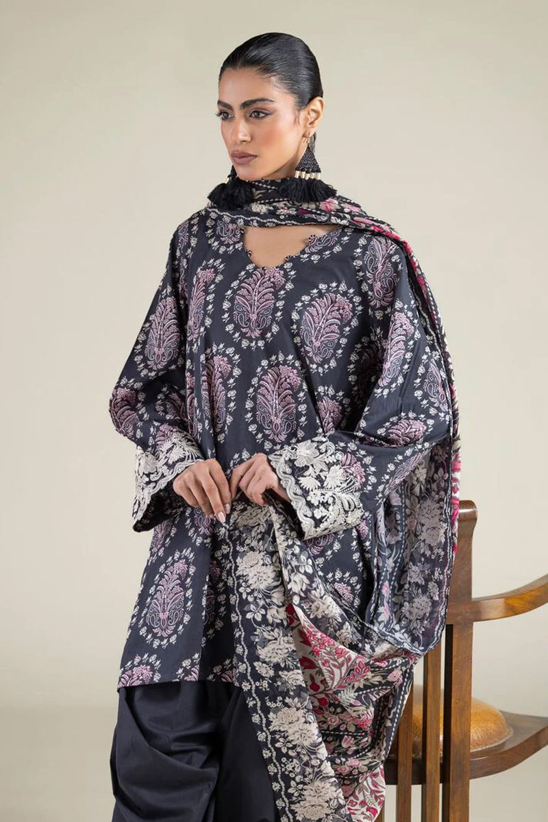 Khaadi – 3 Piece Unstitched Premium Embroidered Digital Printed Lawn Suit (Slate Black & Rose Pink)