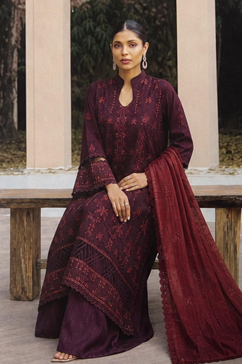 Mahrin By Johra - Premium 3PC Unstitched Embroidered Lawn Suit (Dark Boysen Berry & Oxblood)