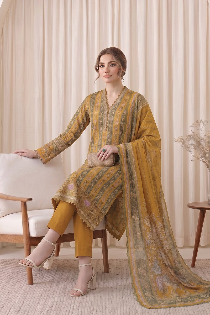 Gul Rang By Bareezé – 3-Piece Unstiched Printed Classic Lawn (Dark Goldenrod)