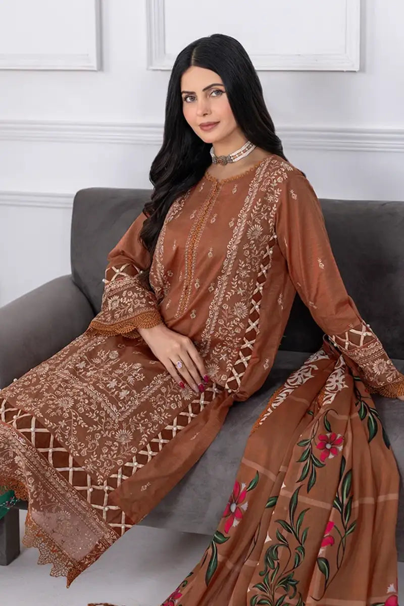Muswa By Johra - 3PC Unstitched Embroidered Lawn Suit (Terracotta)