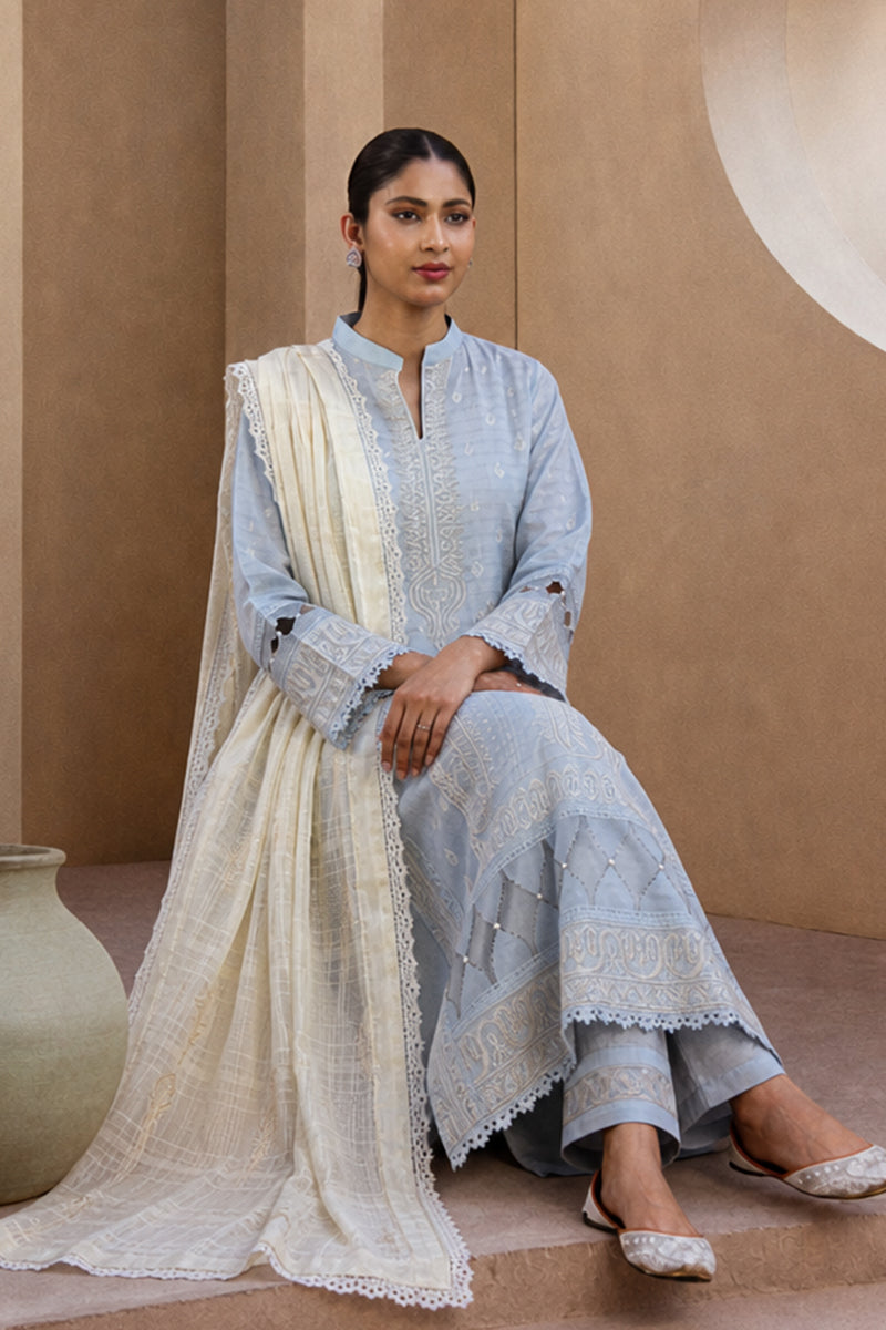 Mahrin By Johra - Premium 3PC Unstitched Embroidered Lawn Suit (Icy Blue & Ivory)