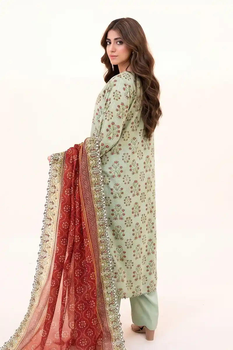 Zesh - 3PC Unstitched Embroidered Lawn Suit (Light Mint Green & Rust)