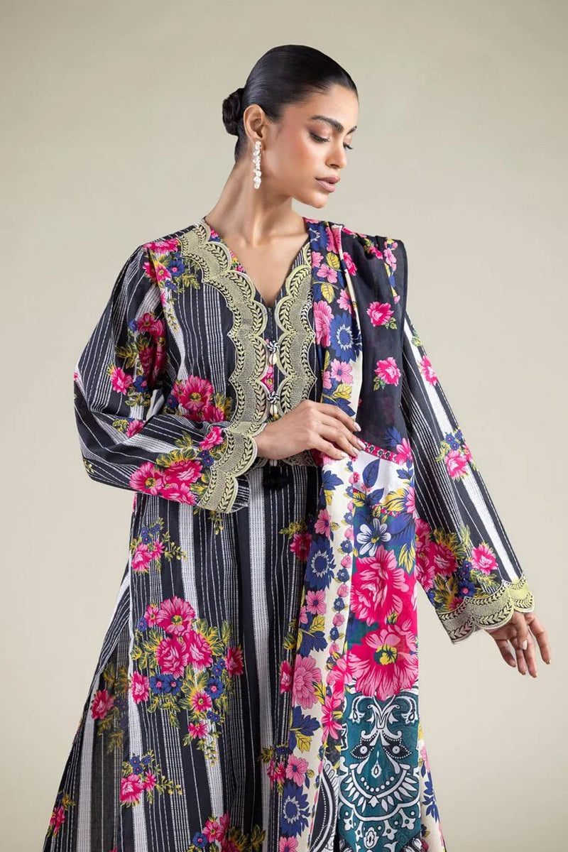 Khaadi – 3 Piece Unstitched Premium Embroidered Digital Printed Lawn Suit (Dark Charcoal & Magenta Pink)