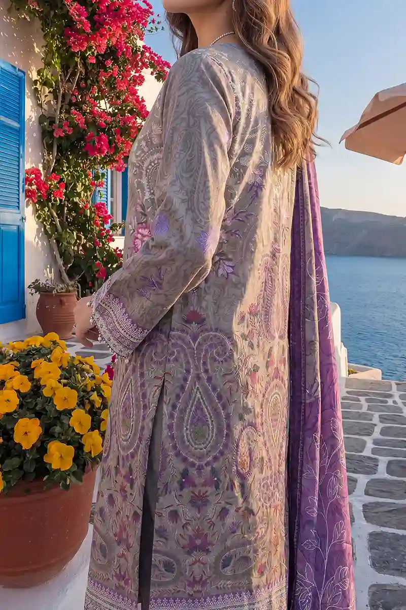 Aabruh Vol-1 3PC Unstitched Printed Lawn Suit (Pewter Gray & Vibrant Purple)