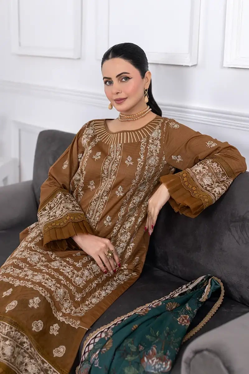 Muswa By Johra - 3PC Unstitched Embroidered Lawn Suit (Brown)