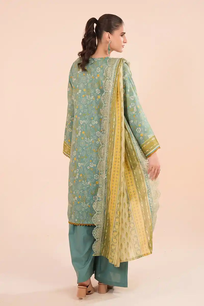 Zesh - 3PC Unstitched Embroidered Lawn Suit (Muted Teal & Butter Cream)