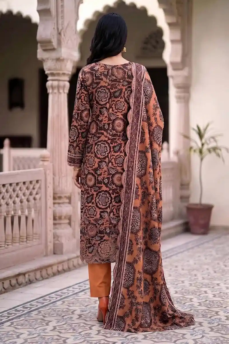 Zesh - 3PC Unstitched Embroidered Lawn Suit (Warm Apricot & Dark Chocolate Brown)