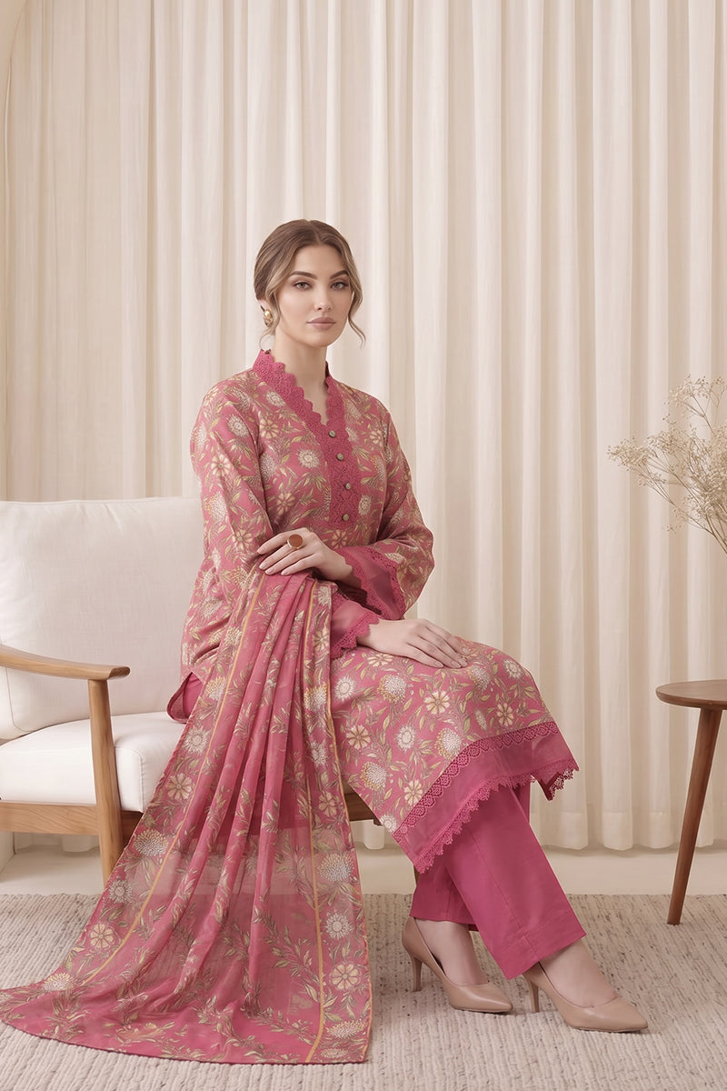 Gul Rang By Bareezé – 3-Piece Unstiched Printed Classic Lawn (Candy pink & Bright Maroon)