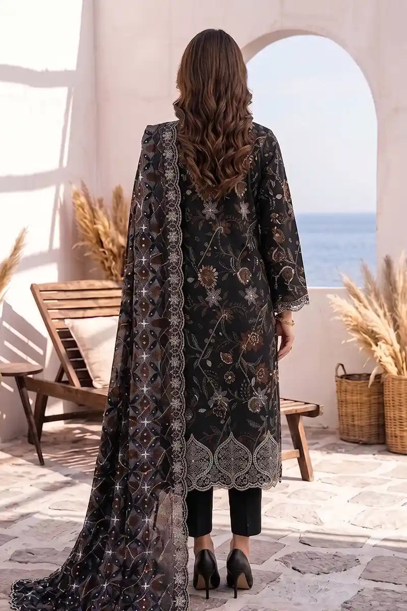Zesh - 3PC Unstitched Embroidered Lawn Suit (Midnight Black)