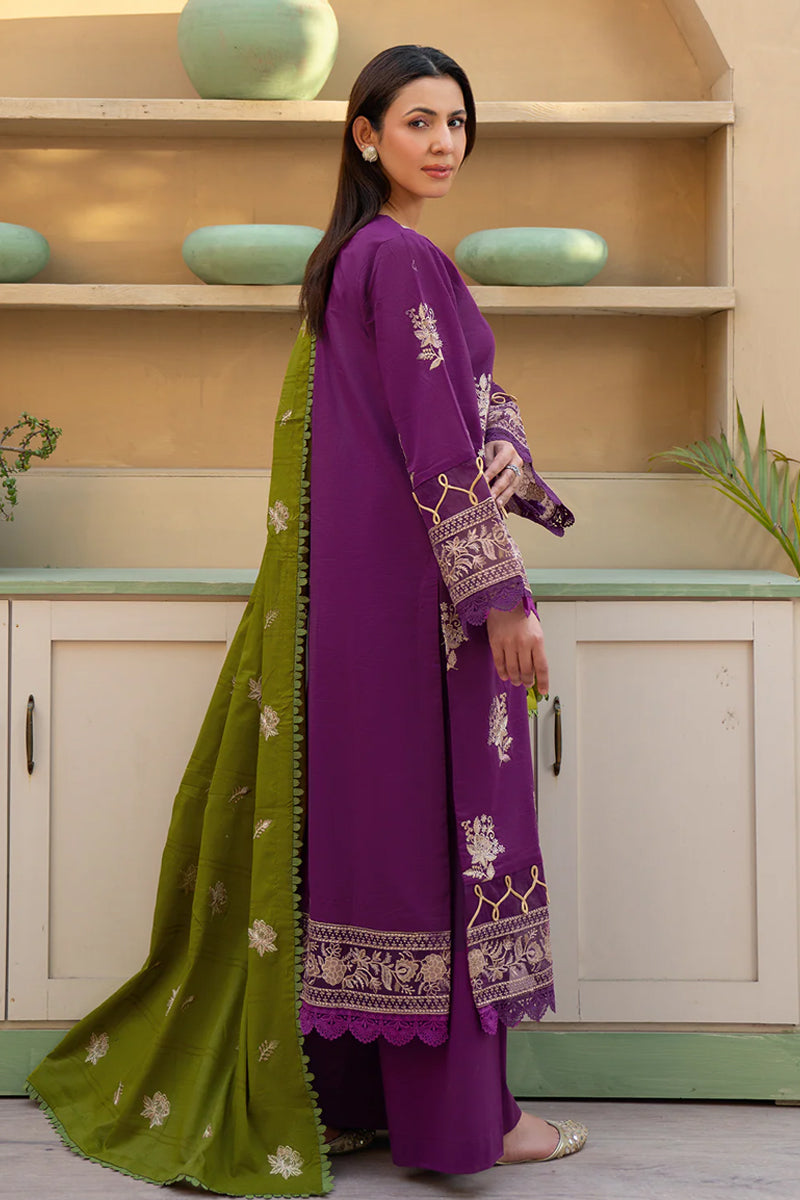 Khimar By Johra - 3PC Unstitched Embroidered Lawn Suit (Purple & Olive Green)