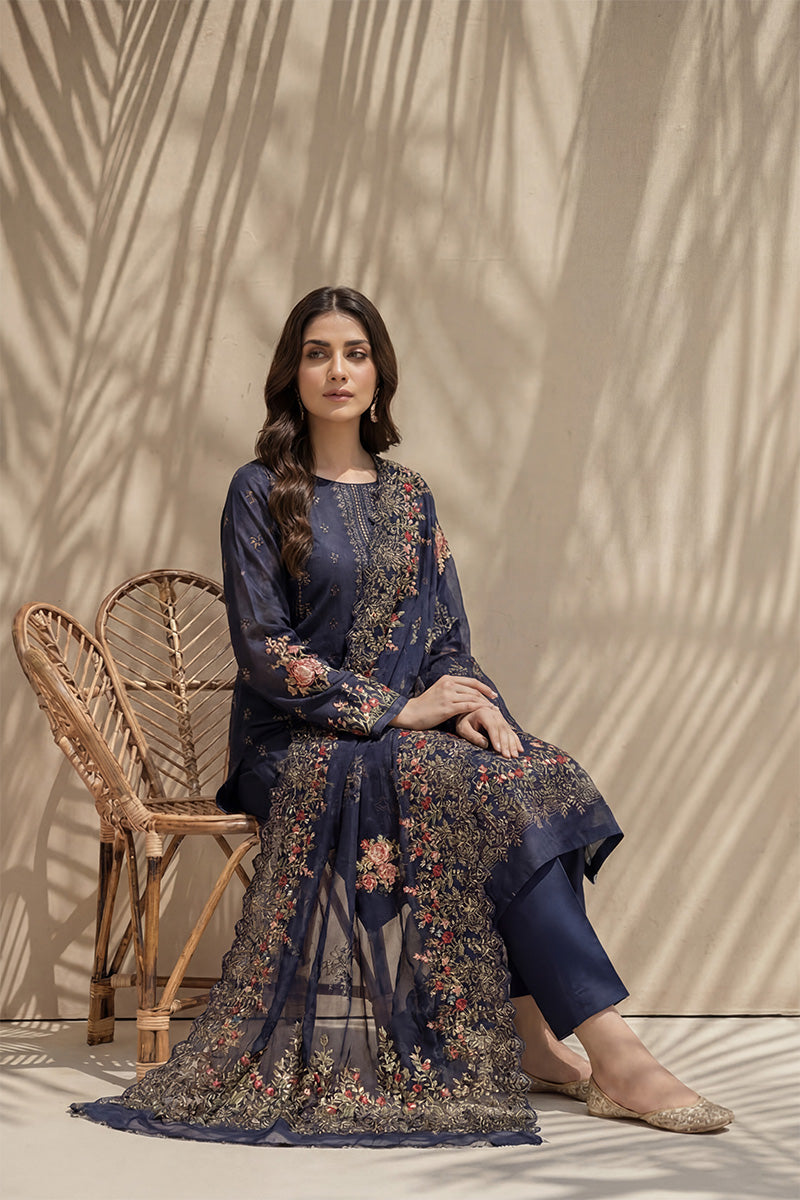 Millat - 3PC Unstitched Embroidered Lawn Suit (Navy Blue)