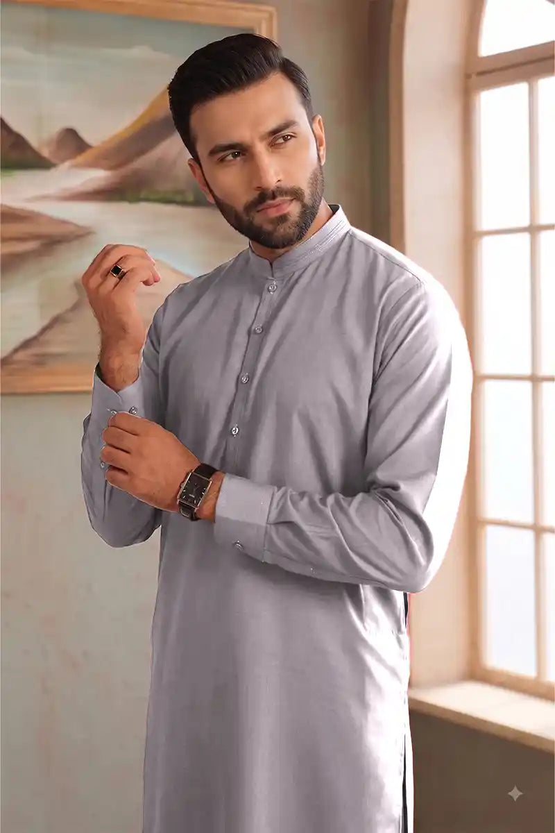 Premium Pasha Men’s Wash & Wear Unstitched Suit (Metallic Slate Grey)