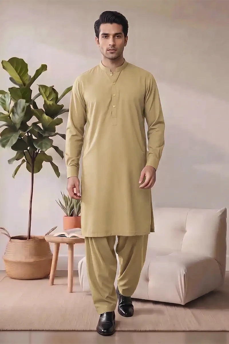 Saya Men’s Wash & Wear Unstitched Suit (Olive)