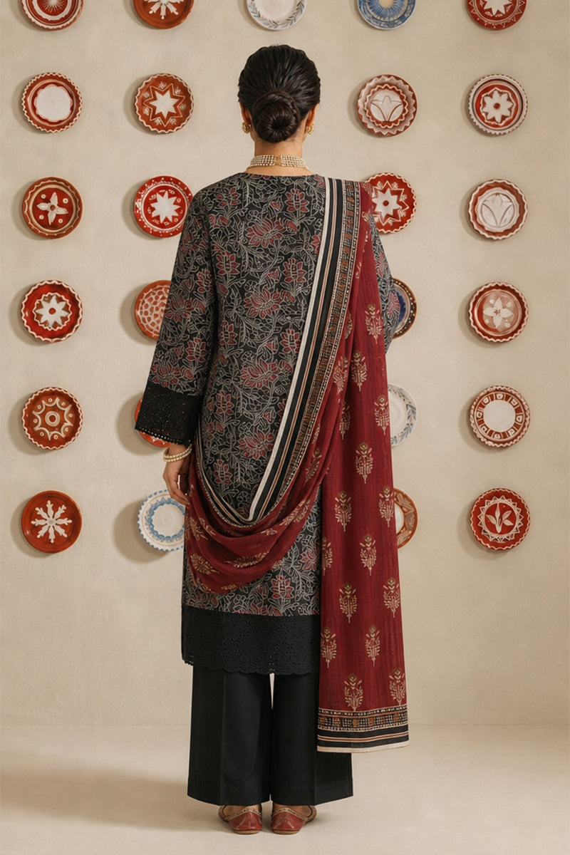 Nishat - Unstitched 3pc Printed Lawn (Black & Maroon)