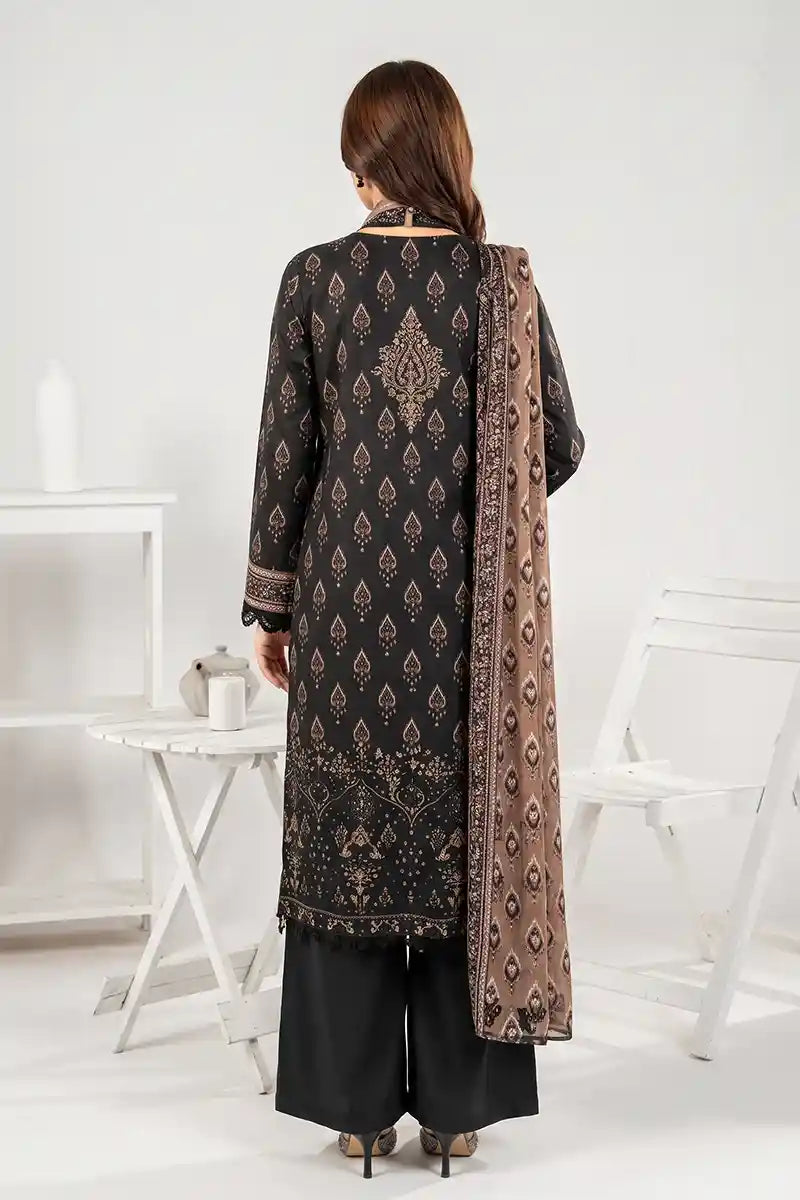 Zesh - 3PC Unstitched Embroidered Lawn Suit (Jet Black & Muted Mocha)