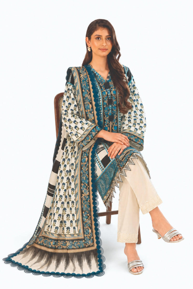 Khaadi – 3 Piece Unstiched Printed Lawn Suit (Bright Teal & Off White)