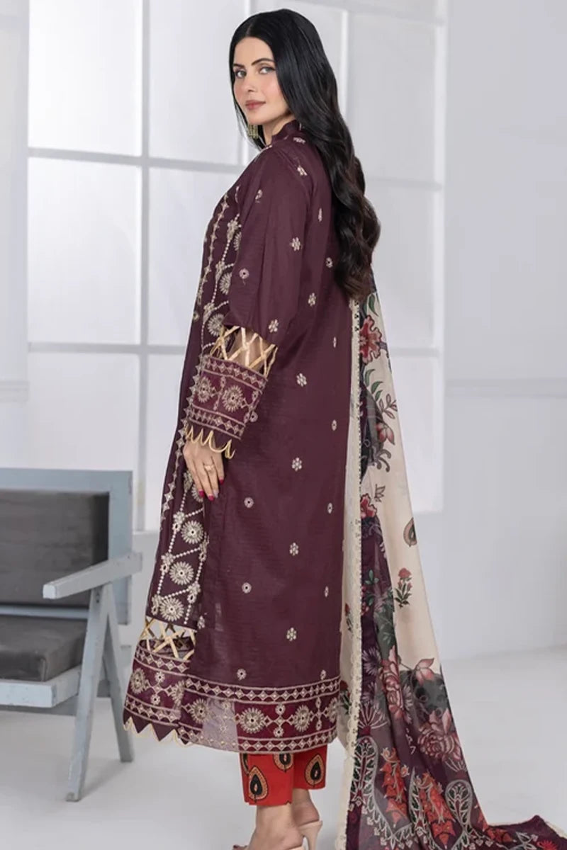Muswa By Johra - 3PC Unstitched Embroidered Lawn Suit (Deep Plum)