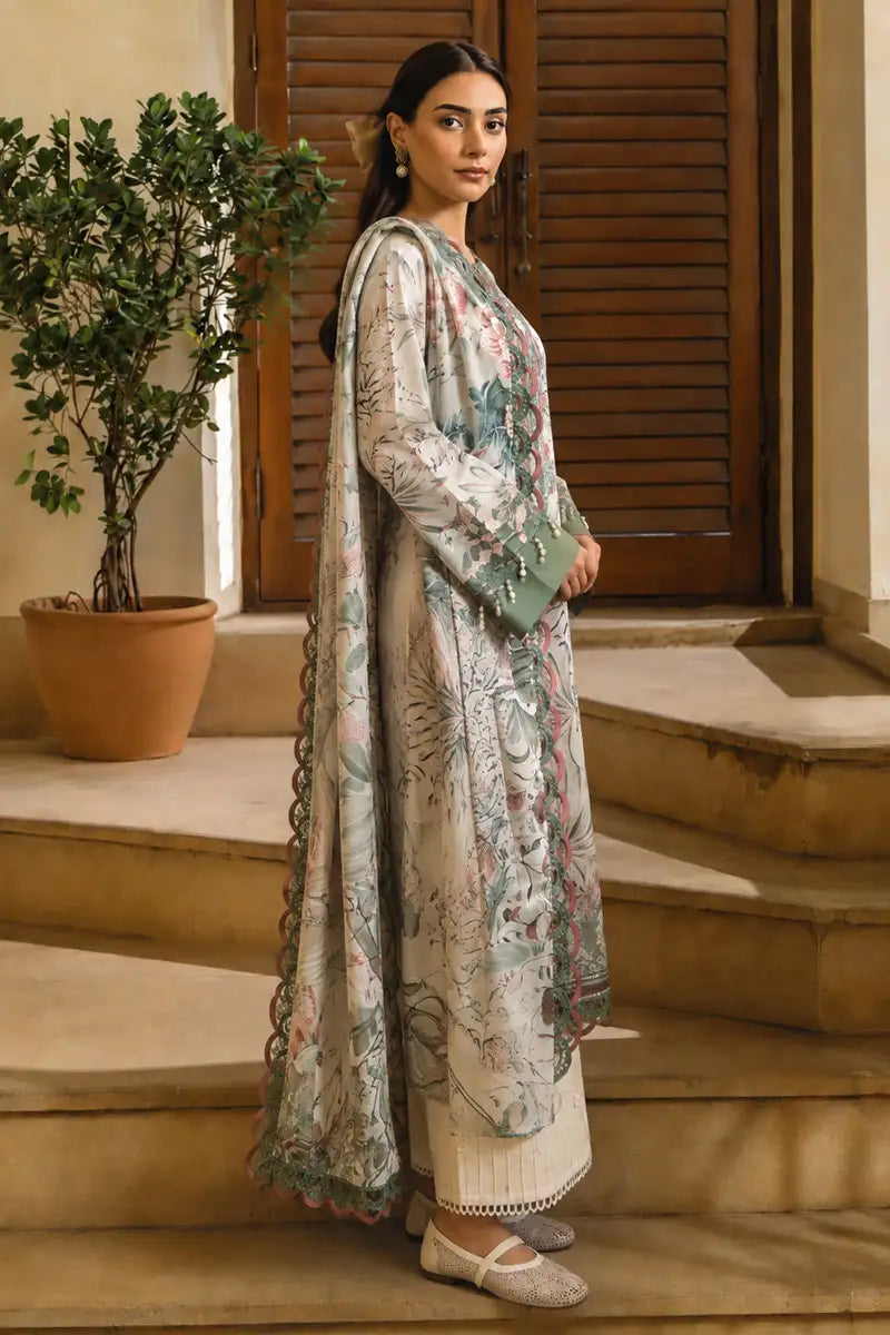 Jade Classic Cambric Collection Vol-05 - 3 Piece Unstitched Printed Suit (Soft Off-White)