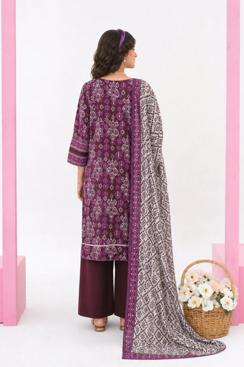 Zesh - Drop Fourteen Printed Series 3PC Unstitched Lawn Suit (Purple/White & Maroon)