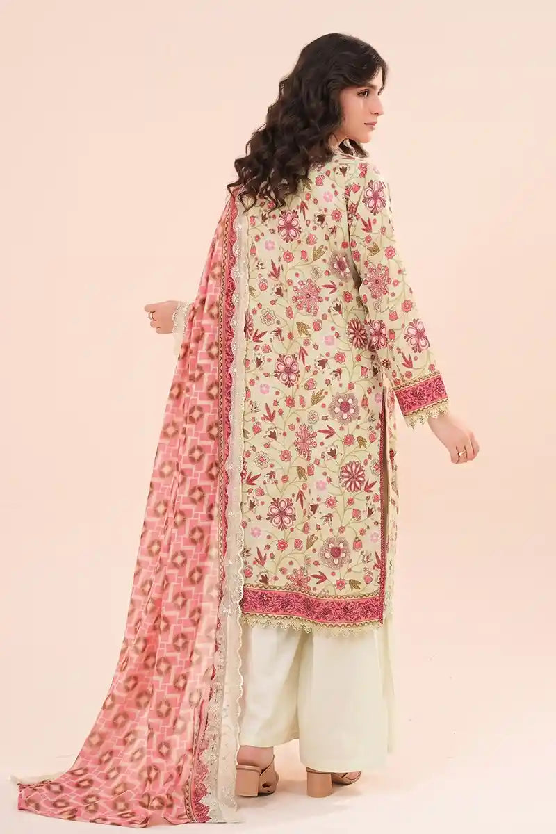 Zesh - 3PC Unstitched Embroidered Lawn Suit (Pale Pistachio & Olive Brown)