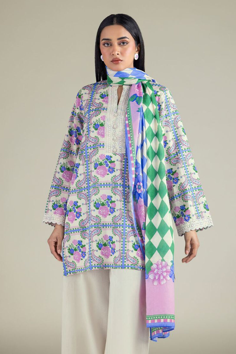 Khaadi – 3 Piece Unstitched Premium Embroidered Digital Printed Lawn Suit (Light Cream & CornFlower Blue)