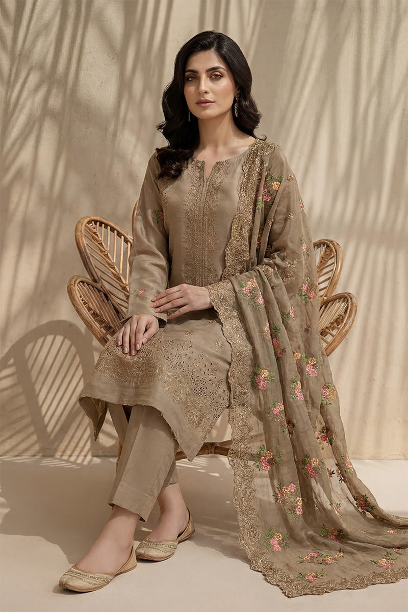 Millat - 3PC Unstitched Embroidered Lawn Suit (Muted Khaki)