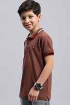 Boy's Textured Cotton Polo T-Shirt (Cocoa Brown)
