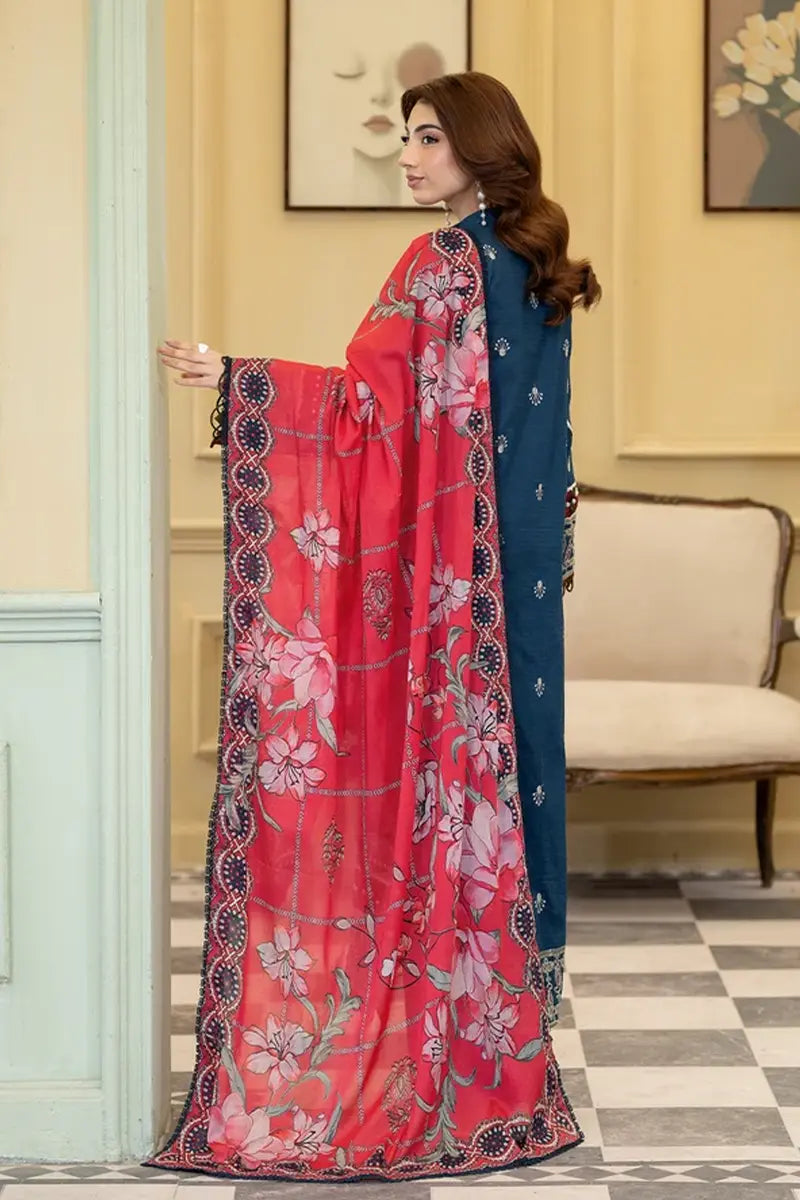 Elvia By Johra - 3PC Unstitched Embroidered Lawn Suit (Deep Teal Blue)