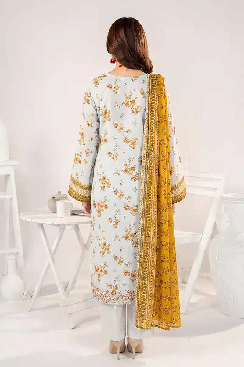 Zesh - 3PC Unstitched Embroidered Lawn Suit (Ice Blue & Mustard)