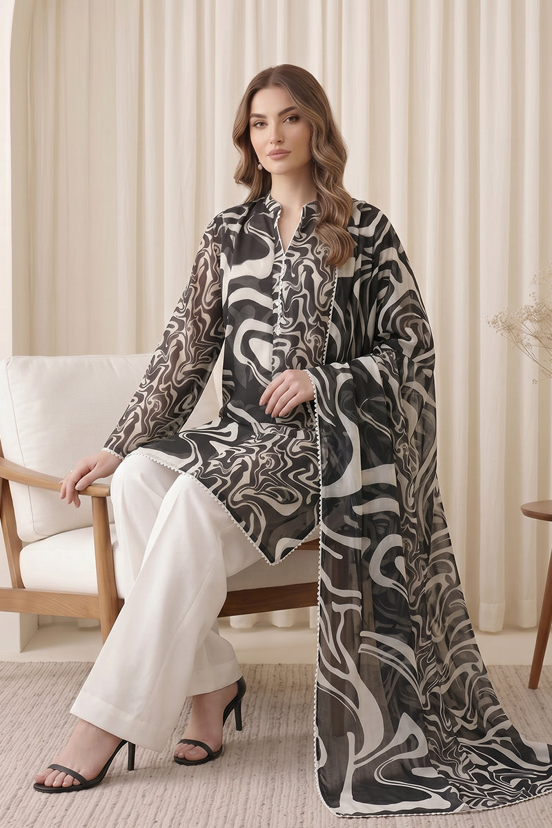 Gul Rang By Bareezé – 3-Piece Unstiched Printed Classic Lawn (Black & White)